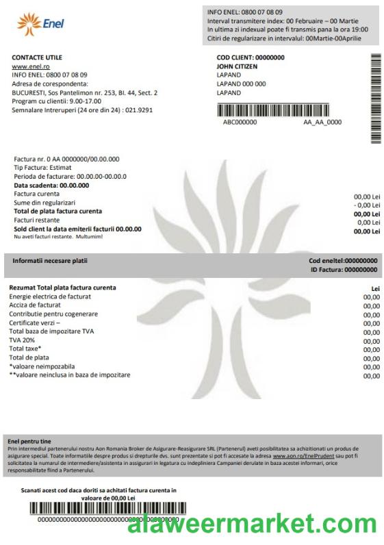 Romania Enel electricity proof of address utility bill template in Word and PDF format (.doc and .pdf)